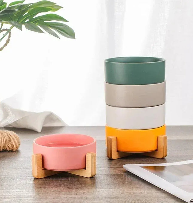 EcoWarra Ceramic Pet Bowl Dish With Wood Stand No Spill Pet Ceramic Double Bowl For Dog Cat Food Water Feeder Cats Small Dogs Pet bowl