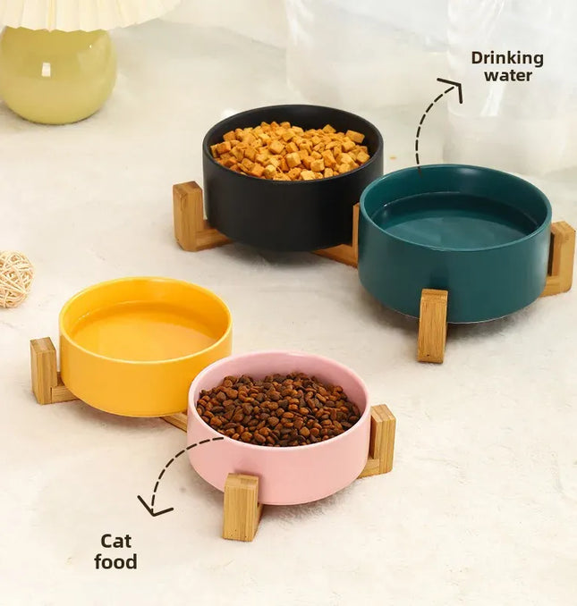 EcoWarra Ceramic Pet Bowl Dish With Wood Stand No Spill Pet Ceramic Double Bowl For Dog Cat Food Water Feeder Cats Small Dogs Pet bowl