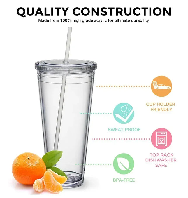 EcoWarra Clear Tumbler with Straw Reusable Transparent Double-layer Water Bottle for Coffee Milk DIY Smoothie Cup Drinkware