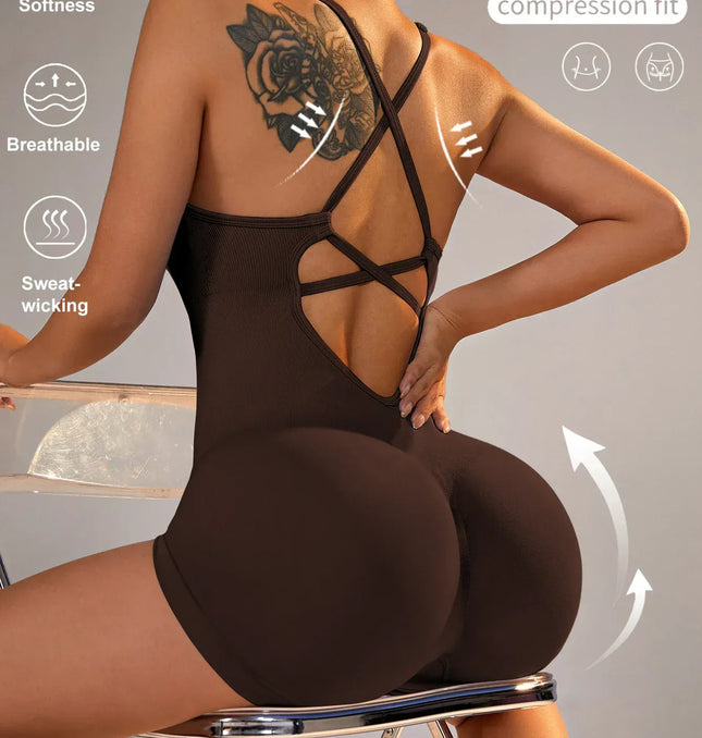 EcoWarra Coffee / S 15 Color One Piece Jumpsuit Shorts Elasticity Bodysuit Yoga Sports Workout Gym Set Women Clothes Sportswear Fitness Overalls