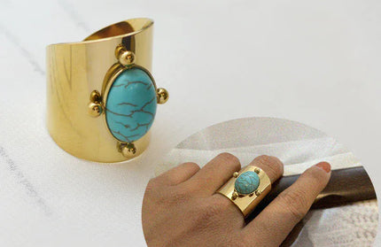EcoWarra Color 3 / Resizable Wild&Free Stainless Steel Gold Plated Wide Rings For Women Big Natural Stone Finger Ring Vintage Jewelry Best Gift