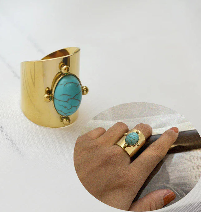 EcoWarra Color 3 / Resizable Wild&Free Stainless Steel Gold Plated Wide Rings For Women Big Natural Stone Finger Ring Vintage Jewelry Best Gift
