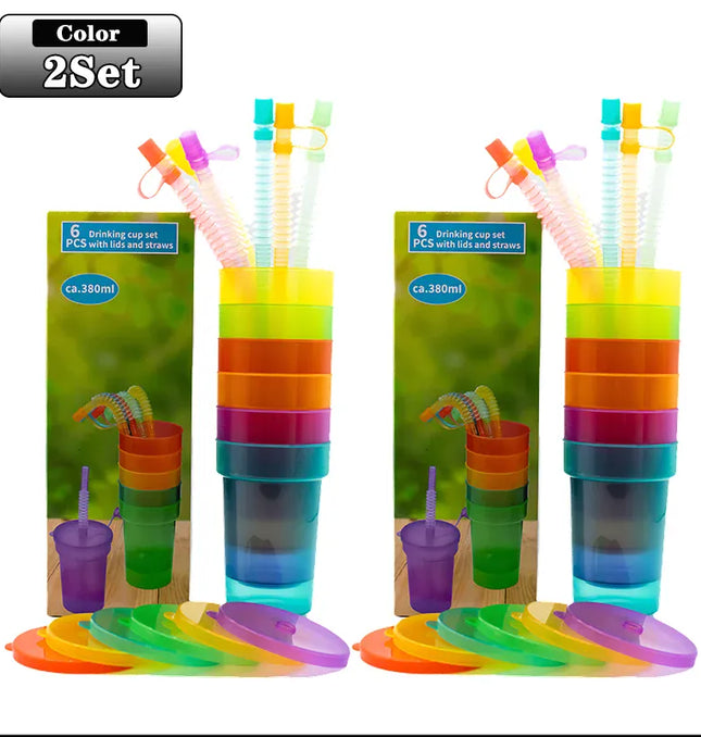 EcoWarra Colorful Expandable Plastic Straw Cup with Leak Proof Lid Siphon Mug for Summer Outdoor Travel Home Juice Milk Water DrinkingUse