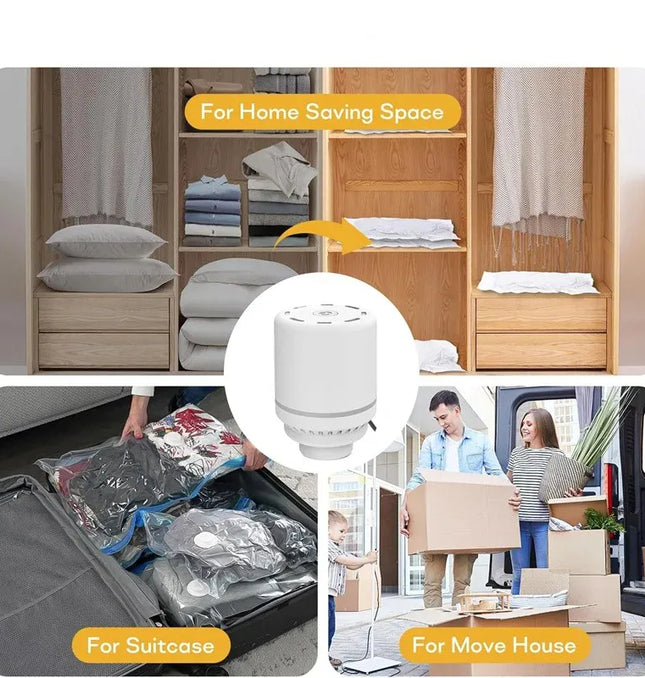 EcoWarra Compressed bag electric pump, travel vacuum bag pump, mini vacuum sealant machine, food space savings, food organizer