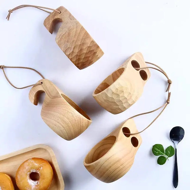 EcoWarra Creative Wooden Mug Outdoor Camping Traveling Mug Nordic Style Handmade Coffee Milk Cup Solid Wooden Drinking Mug