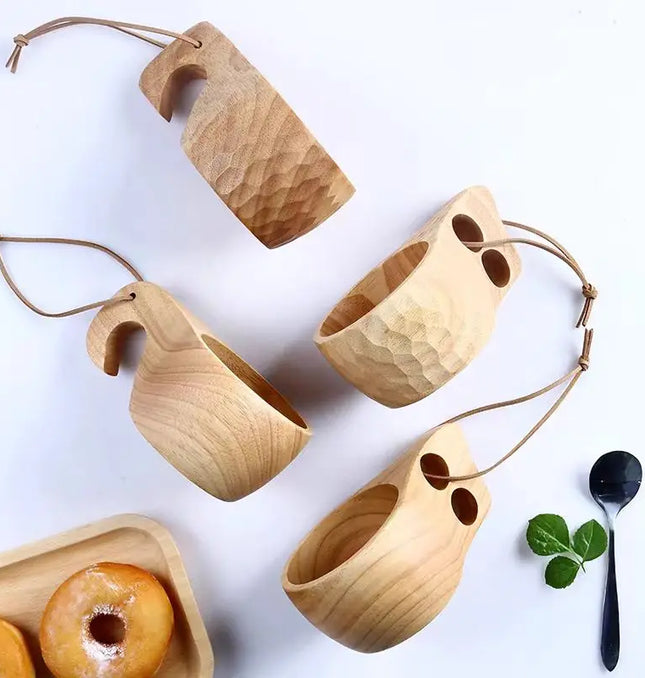EcoWarra Creative Wooden Mug Outdoor Camping Traveling Mug Nordic Style Handmade Coffee Milk Cup Solid Wooden Drinking Mug