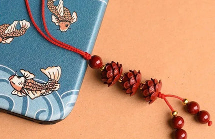 EcoWarra Customized Cinnabar Lotus flower Key Chain Organic Jewellery Carved Fashion Chinese Charm Gifts Amulet Bag Buckle Pendant Red