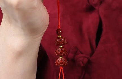 EcoWarra Customized Cinnabar Lotus flower Key Chain Organic Jewellery Carved Fashion Chinese Charm Gifts Amulet Bag Buckle Pendant Red