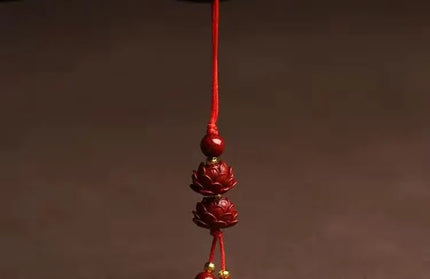 EcoWarra Customized Cinnabar Lotus flower Key Chain Organic Jewellery Carved Fashion Chinese Charm Gifts Amulet Bag Buckle Pendant Red