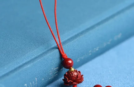 EcoWarra Customized Cinnabar Lotus flower Key Chain Organic Jewellery Carved Fashion Chinese Charm Gifts Amulet Bag Buckle Pendant Red