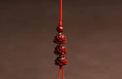 EcoWarra Customized Cinnabar Lotus flower Key Chain Organic Jewellery Carved Fashion Chinese Charm Gifts Amulet Bag Buckle Pendant Red