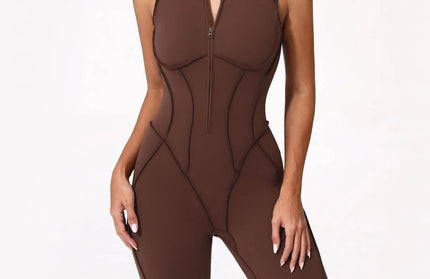 EcoWarra Dark Brown 2 / S(45-50KG)Weight Women's tracksuit Gym Workout Sports clothes outfit zipper Jumpsuit Yoga Fitness overalls Set open Back Bodysuits suit for women