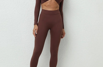 EcoWarra Dark Brown / L Seamless Yoga Sets Sports Fitness High Waist Hip-lifting Trousers Nude Feel Long-Sleeved Suit Workout Gym Leggings Set for Women