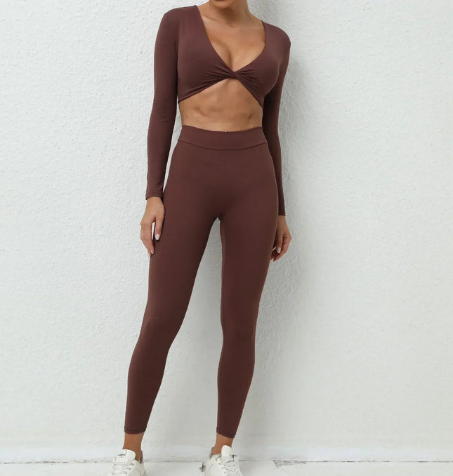 EcoWarra Dark Brown / M Seamless Yoga Sets Sports Fitness High Waist Hip-lifting Trousers Nude Feel Long-Sleeved Suit Workout Gym Leggings Set for Women