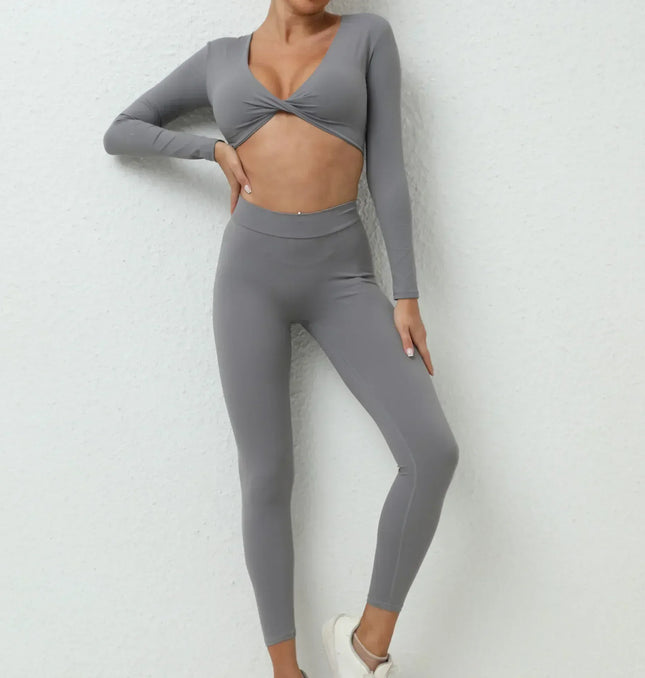 EcoWarra DARK GRAY / M Seamless Yoga Sets Sports Fitness High Waist Hip-lifting Trousers Nude Feel Long-Sleeved Suit Workout Gym Leggings Set for Women