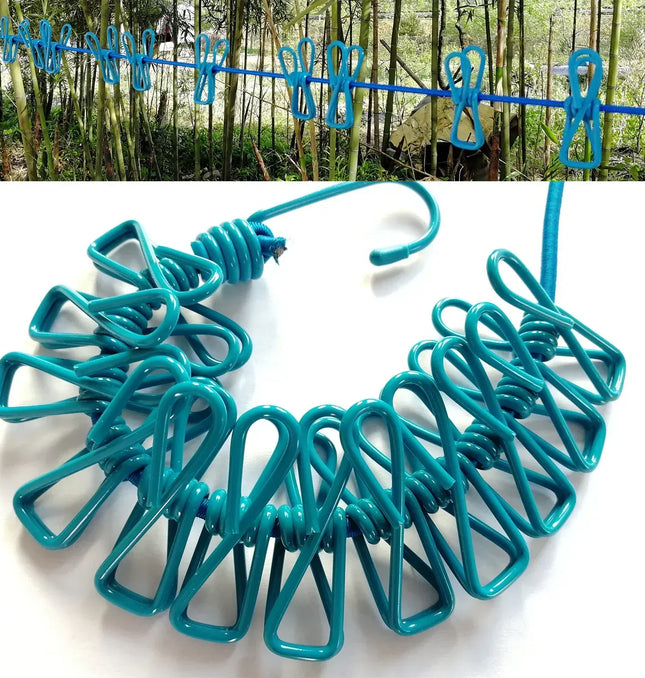 EcoWarra Durable Clothesline Portable Lightweight Windproof Non-Slip 12 Clips Elastic Laundry Drying Outdoor Camping Travel RV Beach Dorm