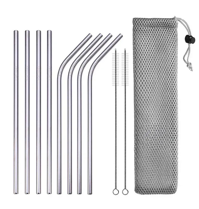 EcoWarra E with bag UPORS Reusable Drinking Straw 304 Stainless Steel Straws Straight Bent Metal Straw with Cleaner Brush Pouch Wholesale