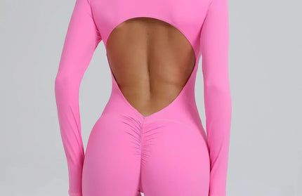 EcoWarra Fluorescent Pink / L Seamless Yoga Zipper Jumpsuits Sports Fitness Beauty Back Hip-Lifting Long-Sleeved One-Piece Workout Gym Bodysuits for Women
