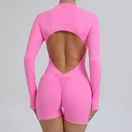 EcoWarra Fluorescent Pink / L Seamless Yoga Zipper Jumpsuits Sports Fitness Beauty Back Hip-Lifting Long-Sleeved One-Piece Workout Gym Bodysuits for Women