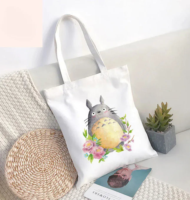 EcoWarra Funny Totoro Spirit Cartoon Ladies Handbag Fashion Canvas Shoulder Bag Eco Large Capacity Shopping Bag Leisure Travel Schoolbag