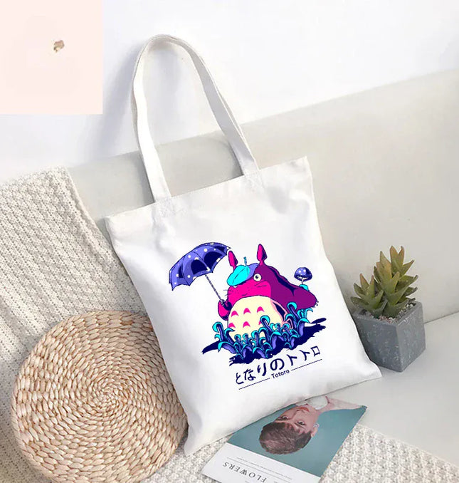 EcoWarra Funny Totoro Spirit Cartoon Ladies Handbag Fashion Canvas Shoulder Bag Eco Large Capacity Shopping Bag Leisure Travel Schoolbag