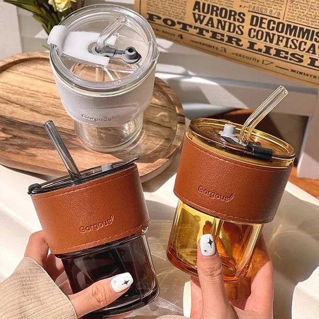 EcoWarra Glass Sipper Cups Reusable Spill-Proof Drinking Cups with Lid Straw for Birthday Party Travel Xmas Juice Mug Water Bottle Cups