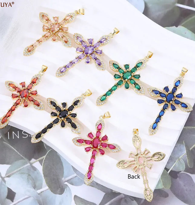 EcoWarra Gold-as picture Christian Cross Charms Jesus Talisman Natural Stone Zirconia Pendant For DIY Women Necklaces Luxury Jewelry Making Accessories