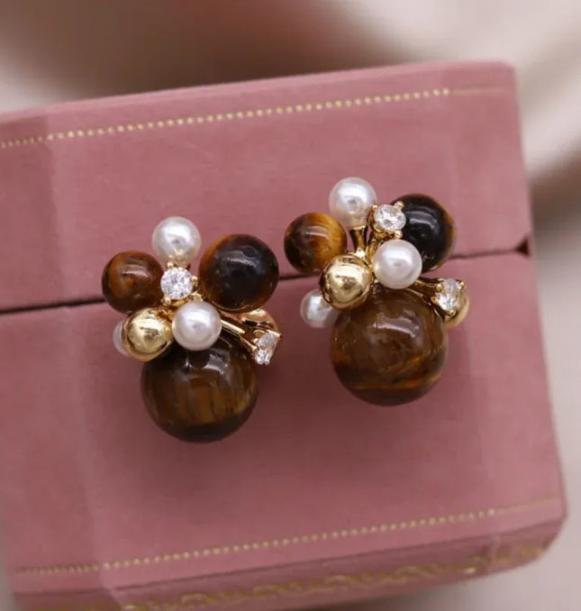 EcoWarra Gold-color Korean new design fashion jewelry 14K gold plated popcorn brown stone beads retro earrings elegant women's daily accessories