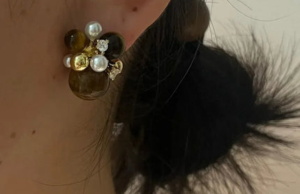 EcoWarra Gold-color Korean new design fashion jewelry 14K gold plated popcorn brown stone beads retro earrings elegant women's daily accessories