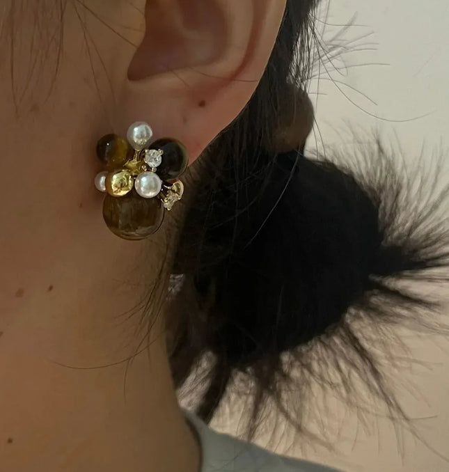 EcoWarra Gold-color Korean new design fashion jewelry 14K gold plated popcorn brown stone beads retro earrings elegant women's daily accessories
