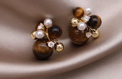 EcoWarra Gold-color Korean new design fashion jewelry 14K gold plated popcorn brown stone beads retro earrings elegant women's daily accessories