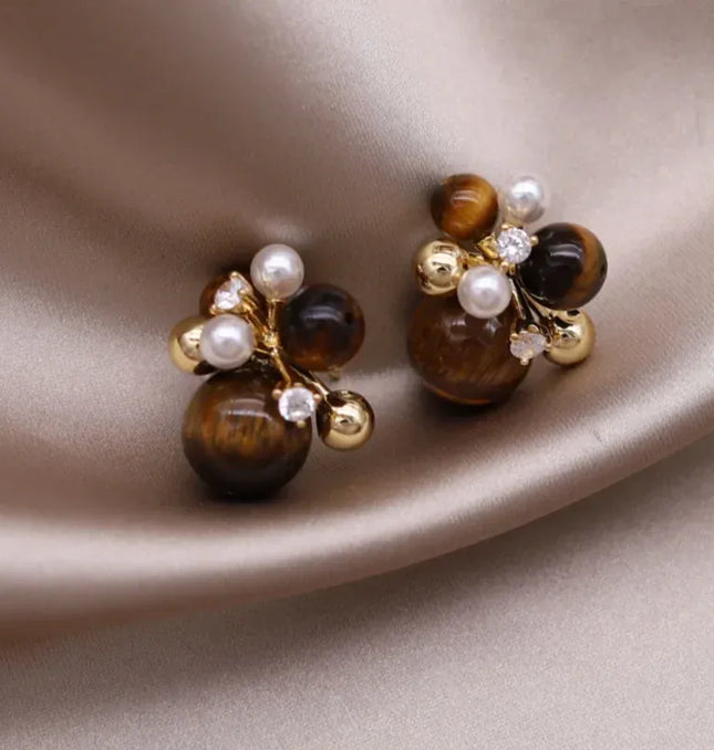 EcoWarra Gold-color Korean new design fashion jewelry 14K gold plated popcorn brown stone beads retro earrings elegant women's daily accessories