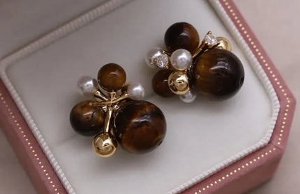 EcoWarra Gold-color Korean new design fashion jewelry 14K gold plated popcorn brown stone beads retro earrings elegant women's daily accessories