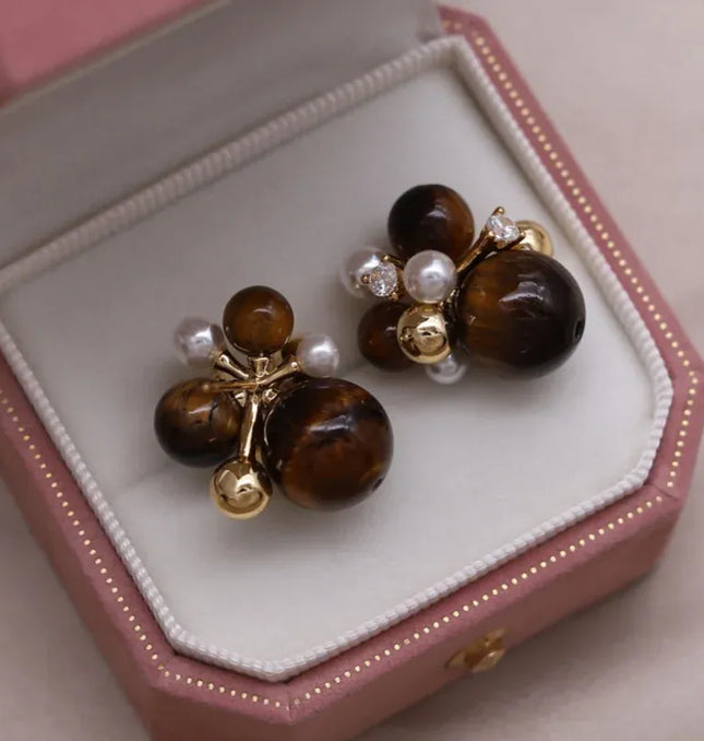 EcoWarra Gold-color Korean new design fashion jewelry 14K gold plated popcorn brown stone beads retro earrings elegant women's daily accessories