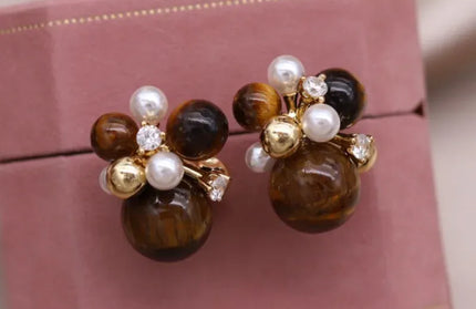 EcoWarra Gold-color Korean new design fashion jewelry 14K gold plated popcorn brown stone beads retro earrings elegant women's daily accessories