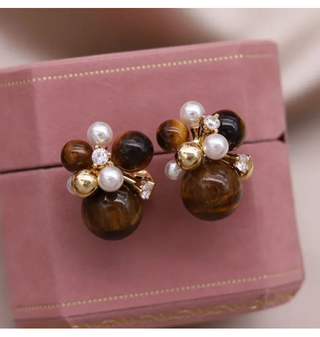 EcoWarra Gold-color Korean new design fashion jewelry 14K gold plated popcorn brown stone beads retro earrings elegant women's daily accessories
