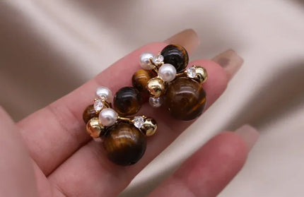 EcoWarra Gold-color Korean new design fashion jewelry 14K gold plated popcorn brown stone beads retro earrings elegant women's daily accessories