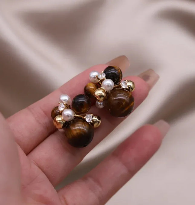 EcoWarra Gold-color Korean new design fashion jewelry 14K gold plated popcorn brown stone beads retro earrings elegant women's daily accessories
