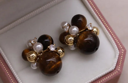 EcoWarra Gold-color Korean new design fashion jewelry 14K gold plated popcorn brown stone beads retro earrings elegant women's daily accessories