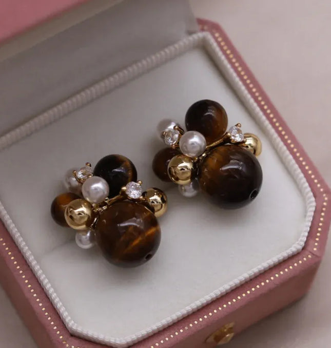 EcoWarra Gold-color Korean new design fashion jewelry 14K gold plated popcorn brown stone beads retro earrings elegant women's daily accessories