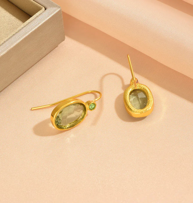 EcoWarra Gold-color Luxury Gold Oval Green Stone Earrings