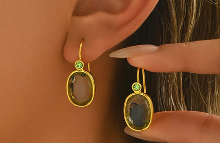 EcoWarra Gold-color Luxury Gold Oval Green Stone Earrings