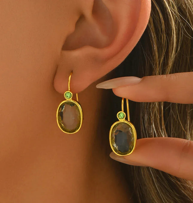EcoWarra Gold-color Luxury Gold Oval Green Stone Earrings