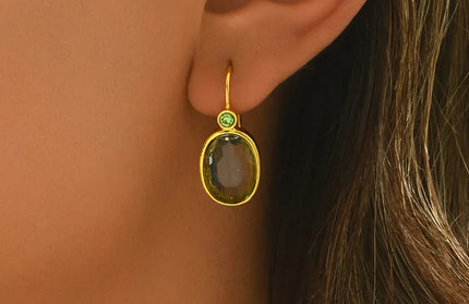 EcoWarra Gold-color Luxury Gold Oval Green Stone Earrings