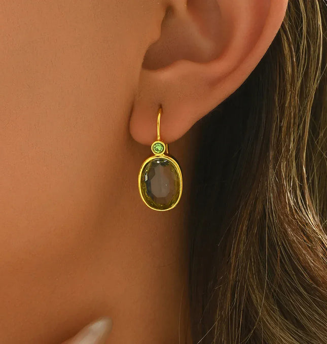 EcoWarra Gold-color Luxury Gold Oval Green Stone Earrings