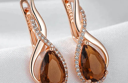 EcoWarra Gold-color Wbmqda Brown Stone Long Drop Earrings For Women 585 Rose Gold Color High Quality Daily Party Jewelry Accessories