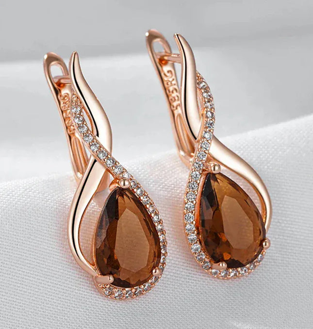 EcoWarra Gold-color Wbmqda Brown Stone Long Drop Earrings For Women 585 Rose Gold Color High Quality Daily Party Jewelry Accessories