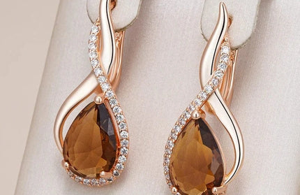 EcoWarra Gold-color Wbmqda Brown Stone Long Drop Earrings For Women 585 Rose Gold Color High Quality Daily Party Jewelry Accessories