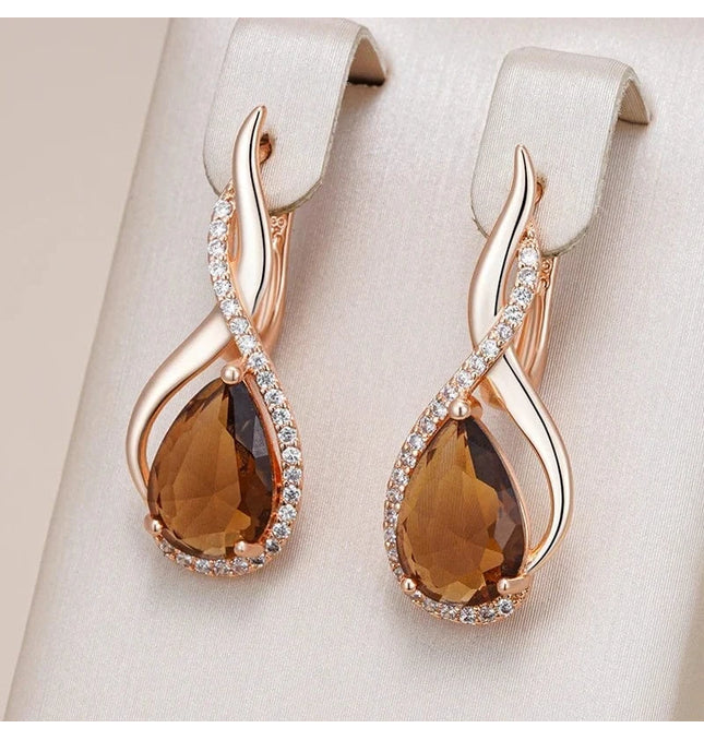 EcoWarra Gold-color Wbmqda Brown Stone Long Drop Earrings For Women 585 Rose Gold Color High Quality Daily Party Jewelry Accessories