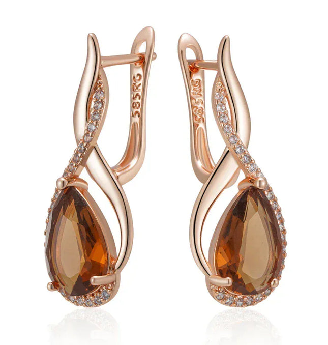 EcoWarra Gold-color Wbmqda Brown Stone Long Drop Earrings For Women 585 Rose Gold Color High Quality Daily Party Jewelry Accessories
